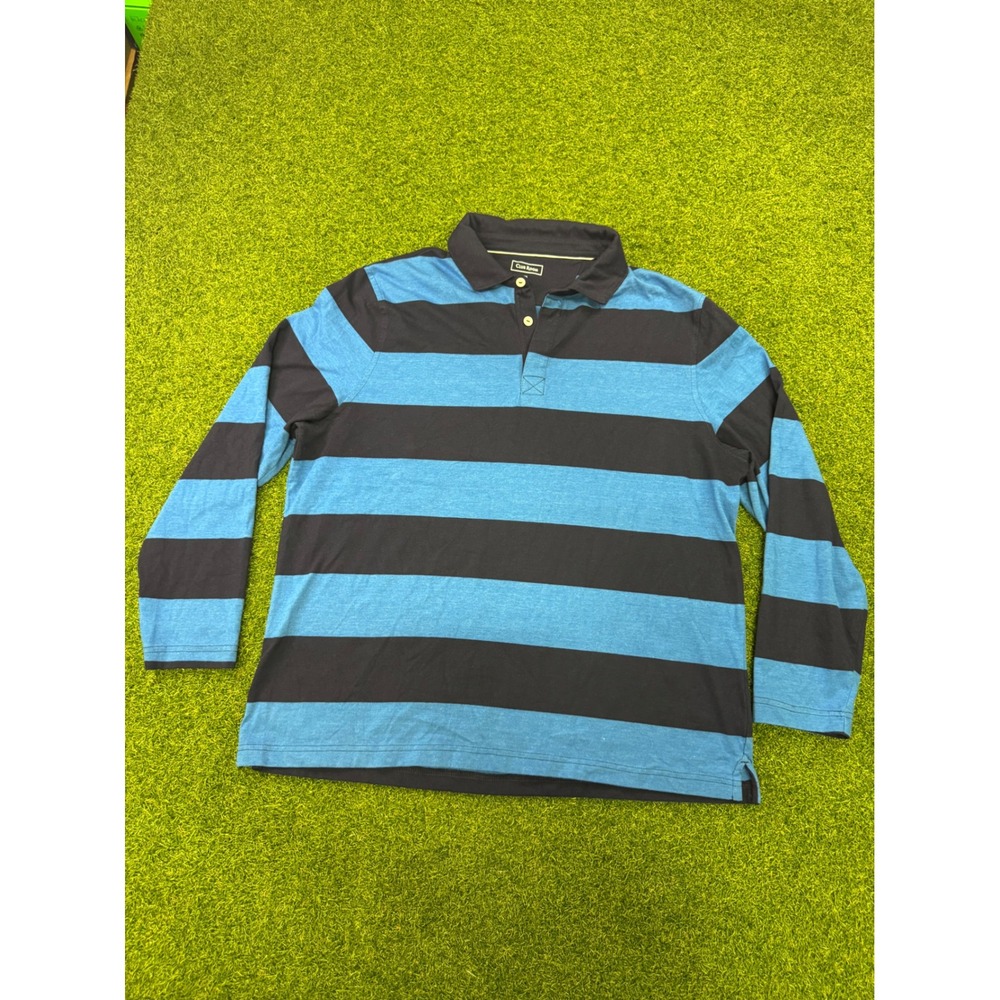 Club Room Mens XXL Long Sleeve Polo Shirt Blue Navy Striped Rugby Jersey Knit
